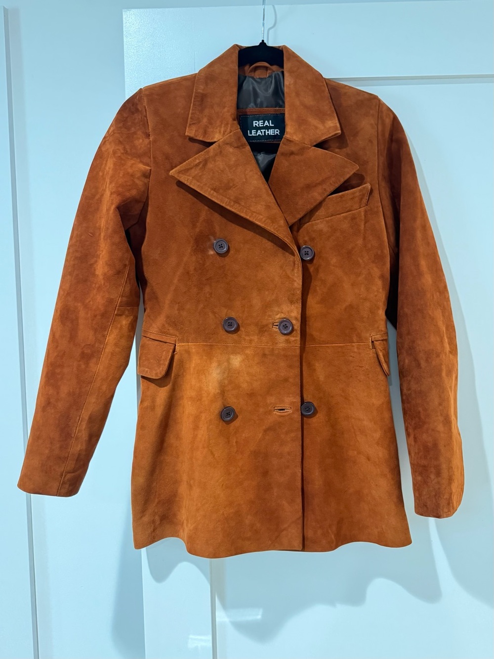 Vintage Double-Breasted Suede Coat - Rust